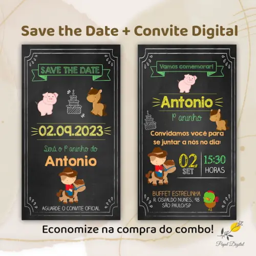 Convite + Save The Date Digital Fazendinha Modelo 1