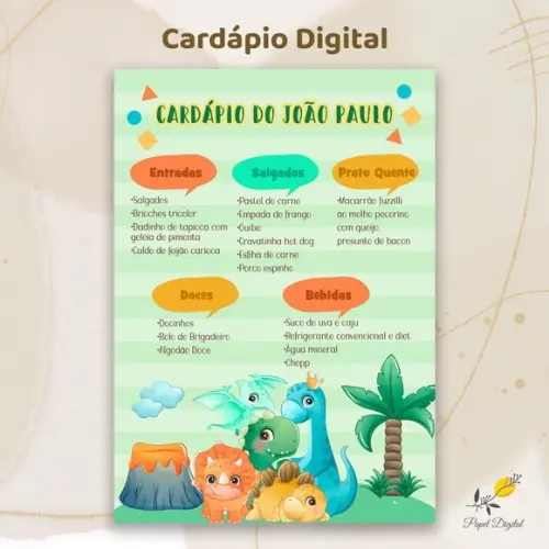 Cardápio Digital Festa Infantil Dinossauro Modelo 2