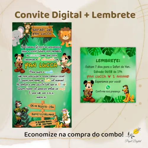 Convite + Lembrete Mickey Safari