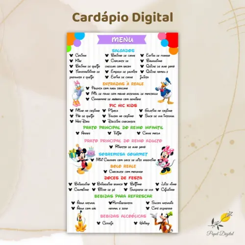 Cardápio Digital Festa Infantil Tuma do Mickey