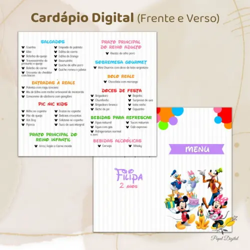 Cardápio Digital Festa Infantil Tuma do Mickey Modelo 2