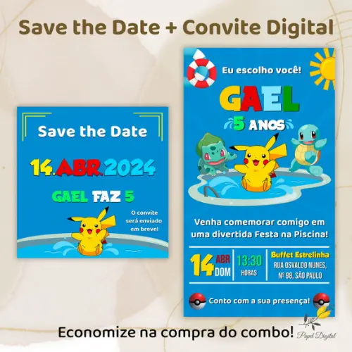 Convite + Save The Date Digital Pokemon