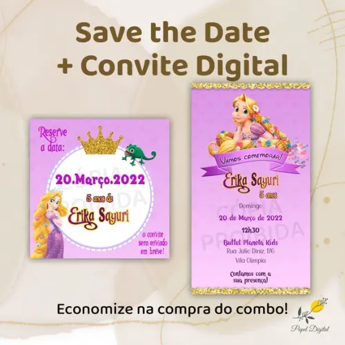Convite + Save The Date Digital Rapunzel Modelo 1