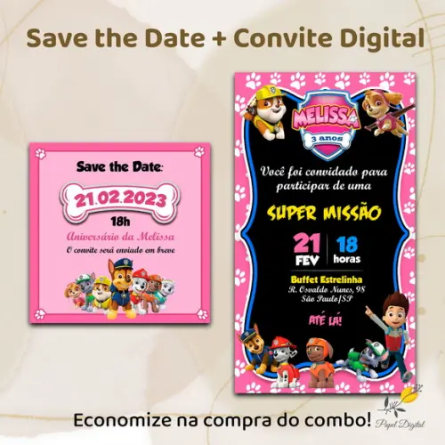 Convite + Save The Date Digital Patrulha Canina Rosa