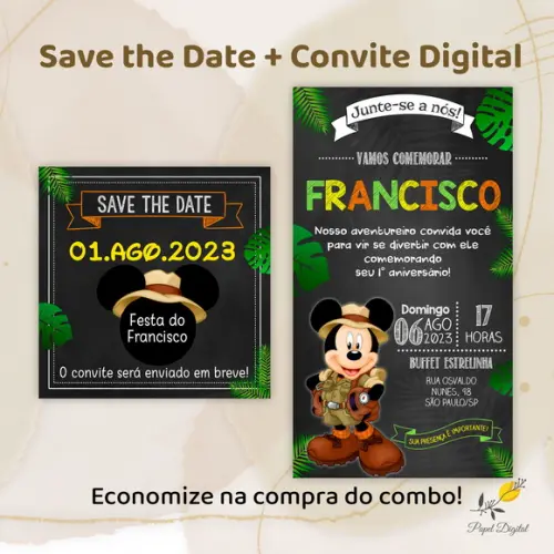 Convite + Save The Date Digital Mickey Safari