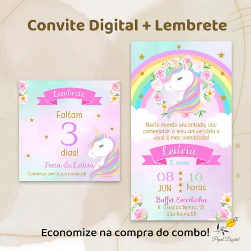 Convite + Lembrete Unicórnio