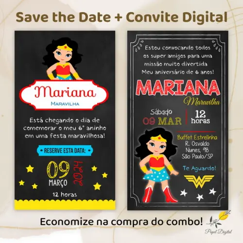 Convite + Save The Date Digital Mulher Maravilha Mod.01