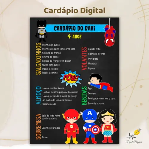 Cardápio Digital Festa Infantil Super Heróis Modelo 1