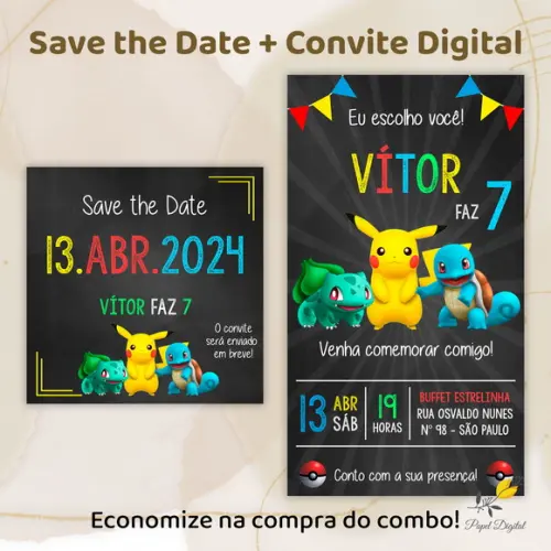 Convite + Save The Date Digital Pokemon