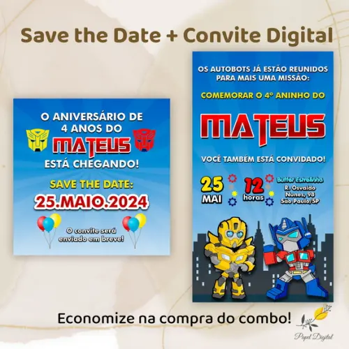 Save The Date + Convite Digital Transformers Modelo 1