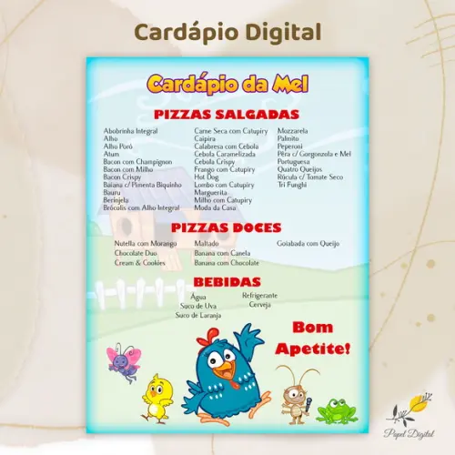 Cardápio Digital Festa Infantil Galinha Pintadinha