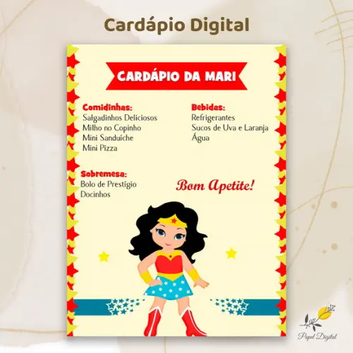 Cardápio Digital Festa Infantil Mulher Maravilha