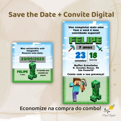 Convite + Save The Date Digital Minecraft
