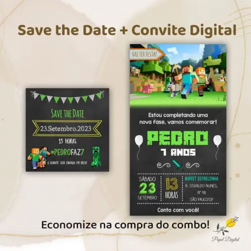 Convite + Save The Date Digital Minecraft