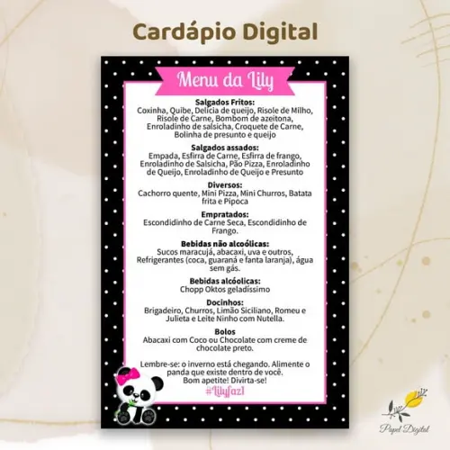 Cardápio Digital Festa Infantil Panda