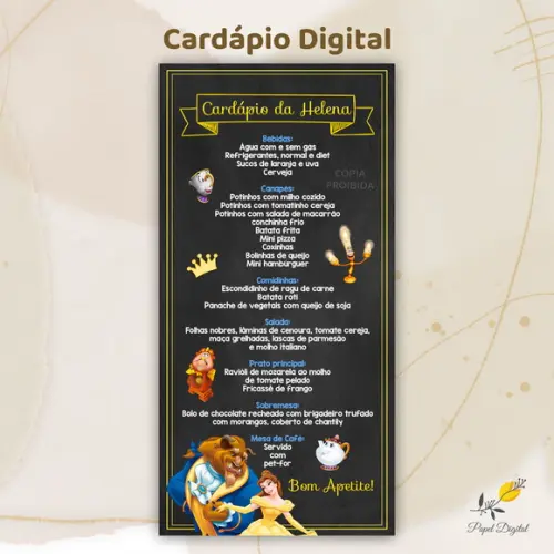 Cardápio Digital Festa Infantil Bela e a Fera