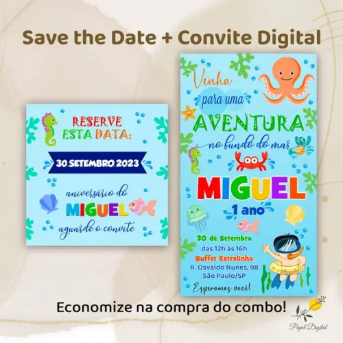 Convite + Save The Date Digital Fundo do Mar Modelo 2