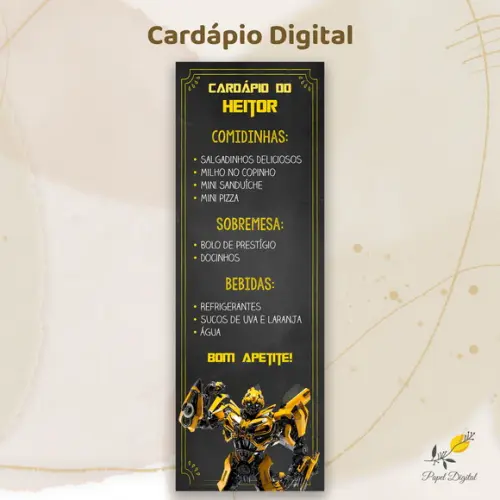Cardápio Digital Festa Infantil Transformers