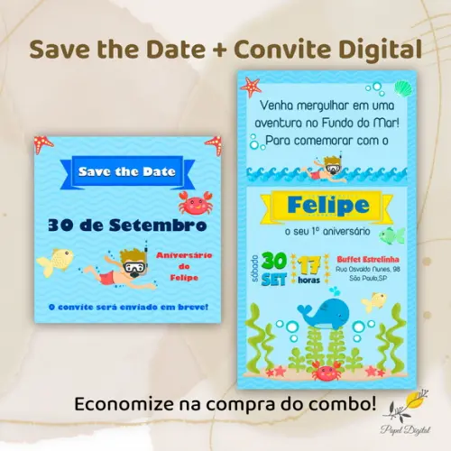 Convite + Save The Date Digital Fundo do Mar Modelo 1