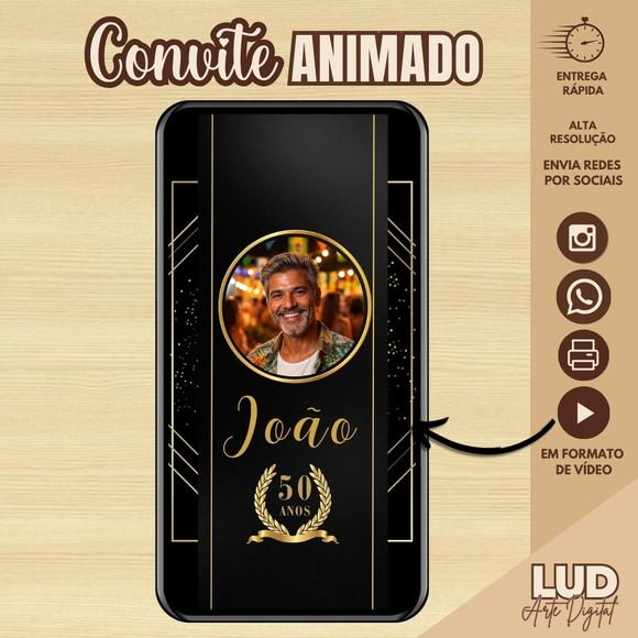 Convite Animado Adulto 50 Anos Preto e Dourado