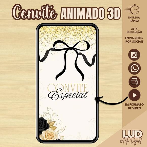 Convite Animado 3d 15 Anos Laços Preto e Dourado