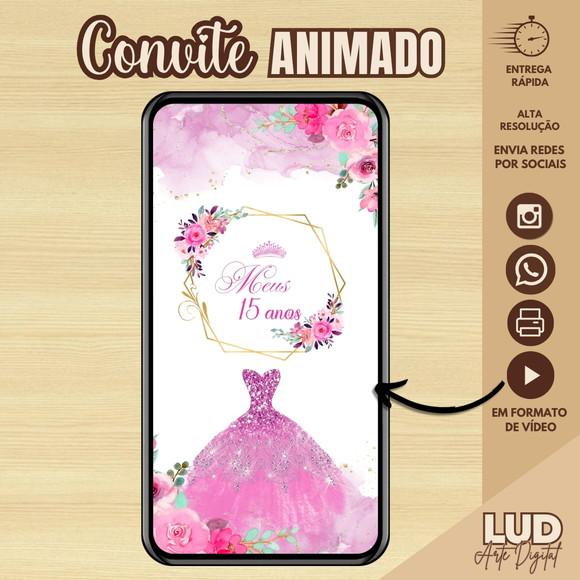 Convite Animado 15 Anos Rosa e Dourado