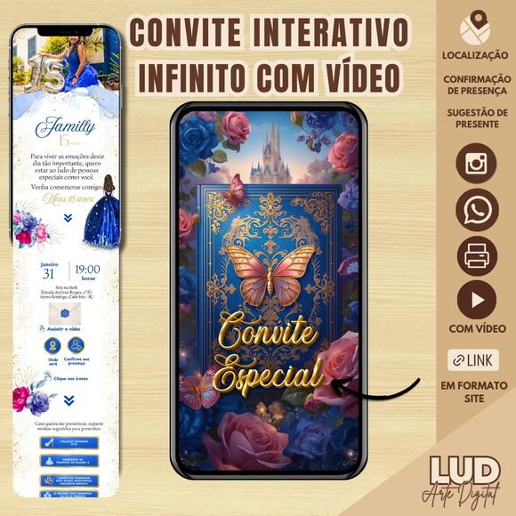 Convite Infinito Interativo 15 Anos Azul Royal e Pink