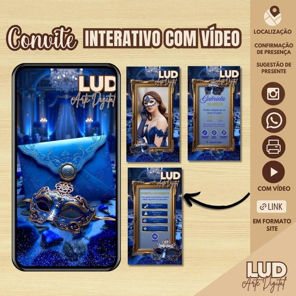 Convite Interativo com Vídeo 15 Anos Mascara Azul e Dourado