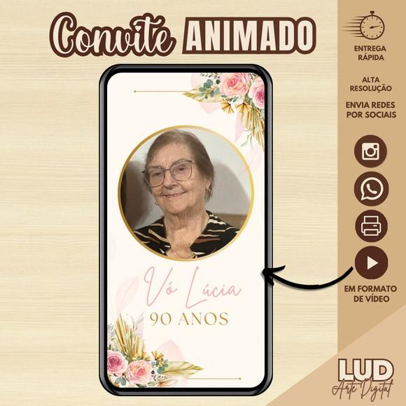 Convite Animado Adulto Floral Rosa e Dourado 90 Anos (30 Fts