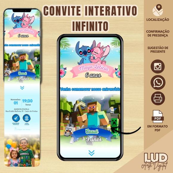 Convite Interativo Dois Temas/duplo - Stitch e Minecraft