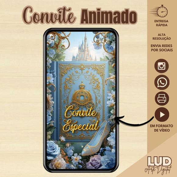 Convite Animado 15 Anos Cinderela Azul e Dourado