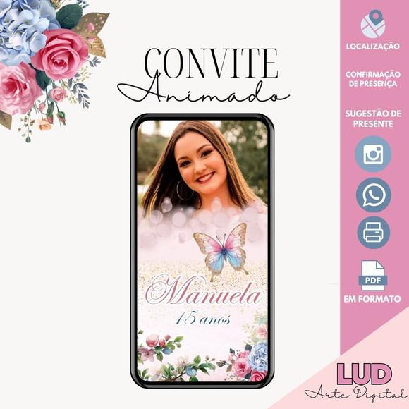 Convite Animado 15 Anos Jardim / Borboletas Rosa e Dourado