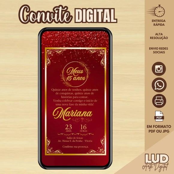 Convite Digital 15 Anos Vermelho e Dourado