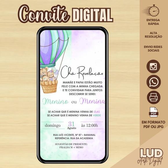 Convite Digital Chá Revelação Ursinhos Lilás e Verde