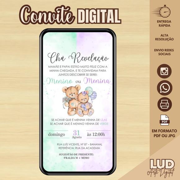 Convite Digital Chá Revelação Ursinhos Lilás e Verde