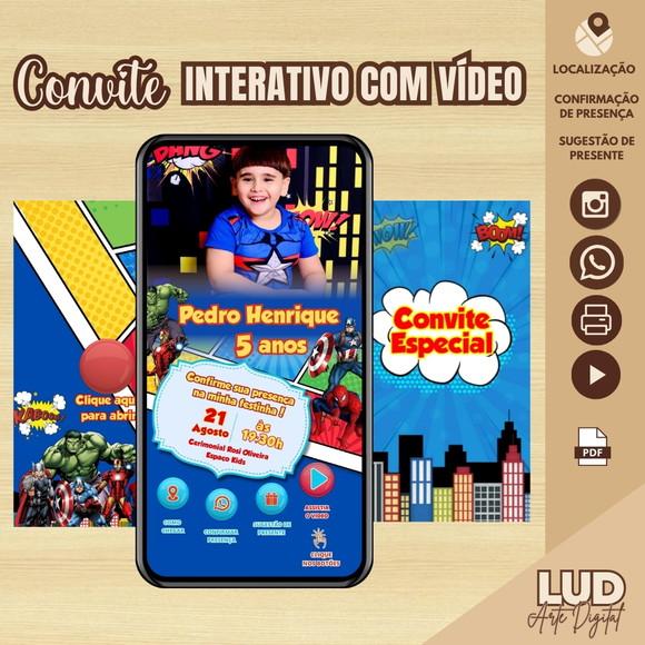 Convite Interativo com Vídeo Vingadores/super Heróis