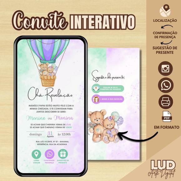 Convite Interativo Chá Revelação Ursinhos Lilás e Verde