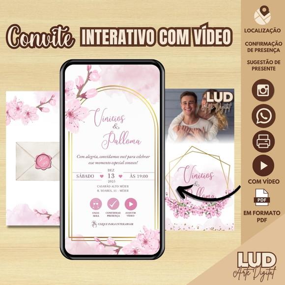 Convite Envelope Interativo com Vídeo Casamento Floral Rosa