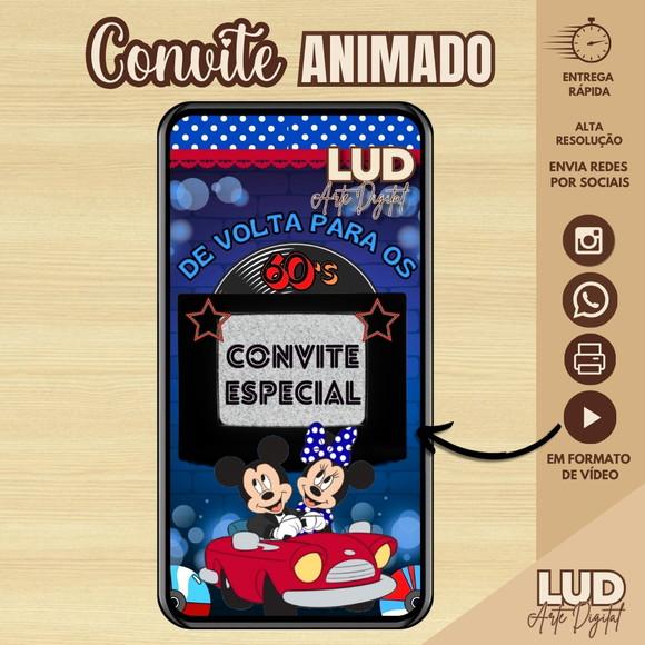 Convite Animado Retro Anos '60 Minnie e Mickey Azul