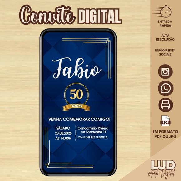 Convite Digital Adulto Masculino 50 Anos Azul e Dourado