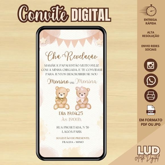 Convite Digital Chá Revelação Ursinhos Bege e Marrom