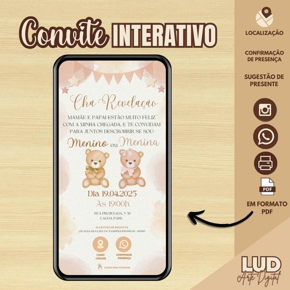 Convite Digital Interativo Chá Revelação Ursinhos Bege