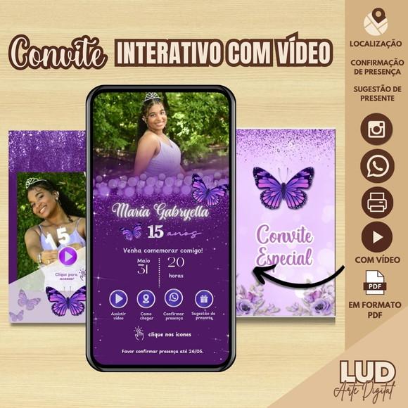 Convite 15 Anos Interativo com Vídeo Borboleta Roxa