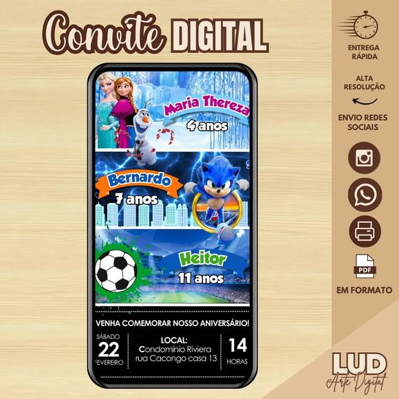 Convite Digital 3 Temas/triplo - Sonic / Futebol / Frozen