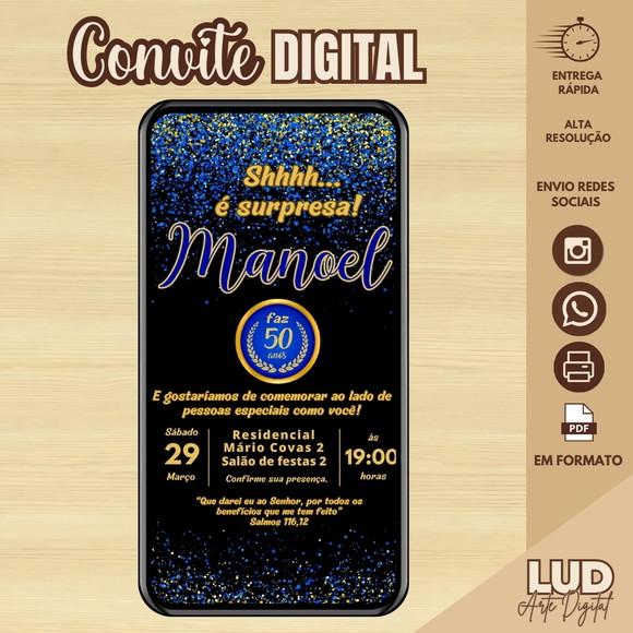 Convite Digital Adulto Surpresa 50 Anos Azul e Dourado