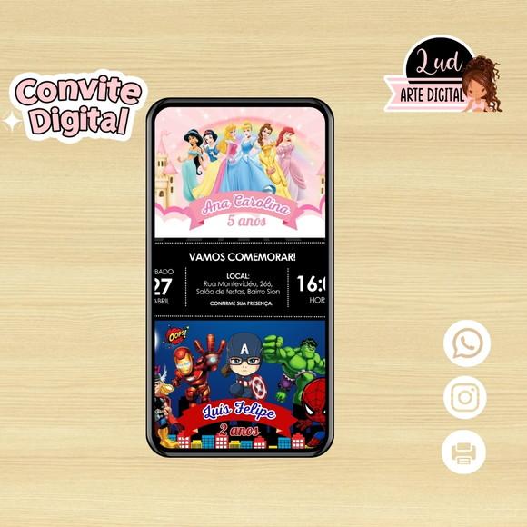 Convite Digital Dois Temas Princesas / Vingadores Cute