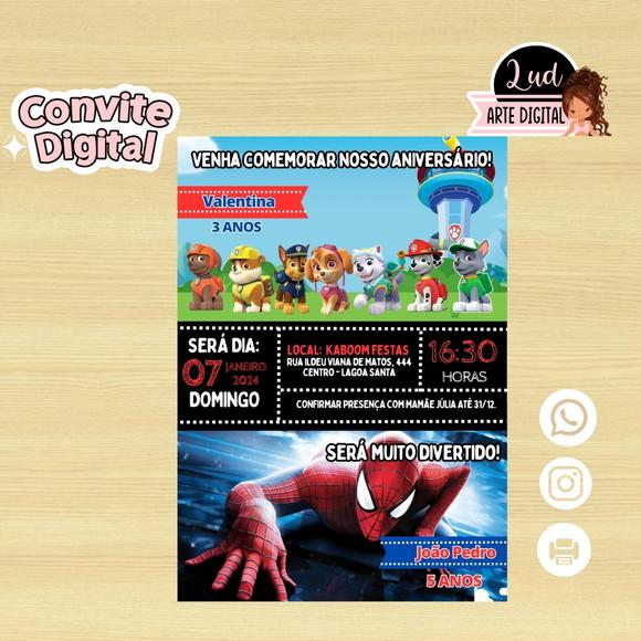 Convite Digital Dois Temas/patrulha Canina e Homem Aranha
