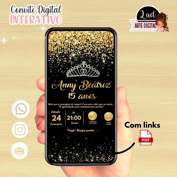 Convite Digital Interativo 15 Anos Preto com Dourado