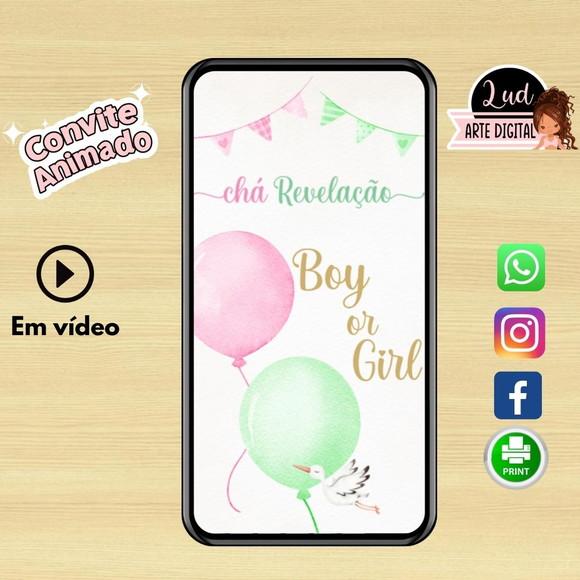 Convite Animado Chá Revelação Rosa e Verde