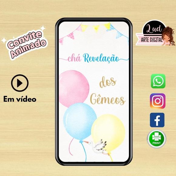 Convite Animado Vertical Chá Revelação Gêmeos